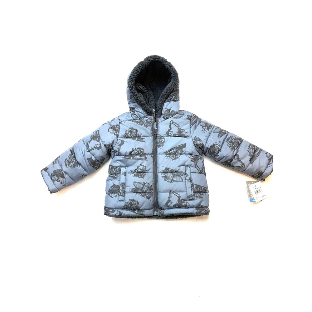 FALLS CREEK New $50 3T Blue Truck Print Reversible Hooded Sherpa Puffer Jacket